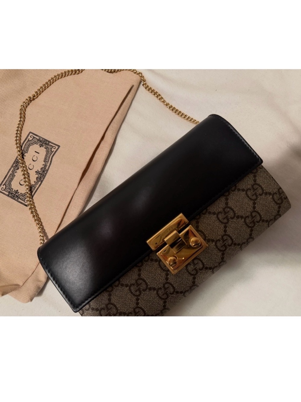 Gucci Black Leather & Brown GG Canvas Crossbody with Gold Chain